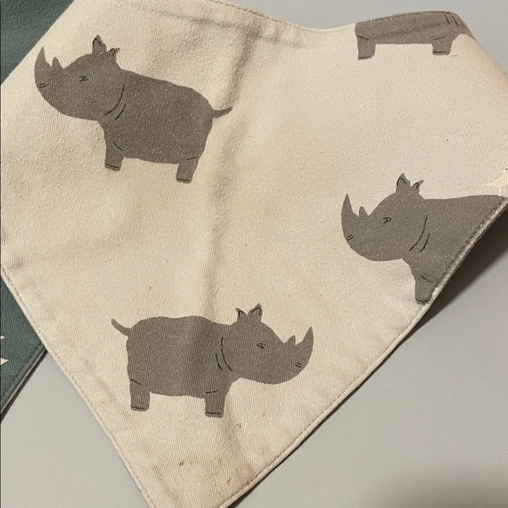 Tea Collection Reversible Baby Bandana Bibs 2 Pack Green & Cream Rhino Print